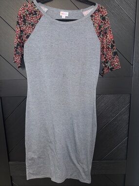 LuLaRoe Gray Dress with Black and Red Floral Raglan Sleeves